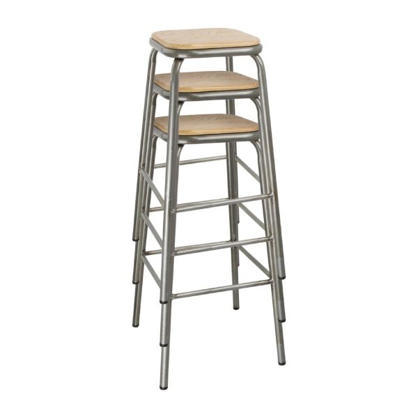 Bolero Galvanised Steel High Stools with Wooden Seatpad (Pack of 4) - Image 6