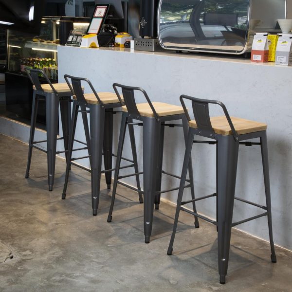 Bolero Bistro Backrest High Stools with Wooden Seat Pad Gun Metal (Pack of 4) - Image 9