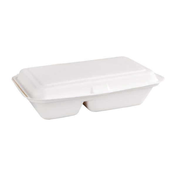 Fiesta Compostable Bagasse Hinged 2-Compartment Food Containers 253mm (Pack of 200) - Image 2