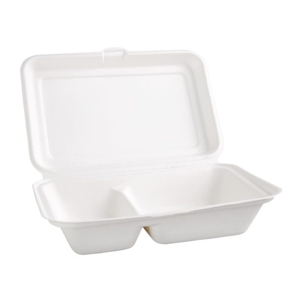 Fiesta Compostable Bagasse Hinged 2-Compartment Food Containers 253mm (Pack of 200) - Image 3